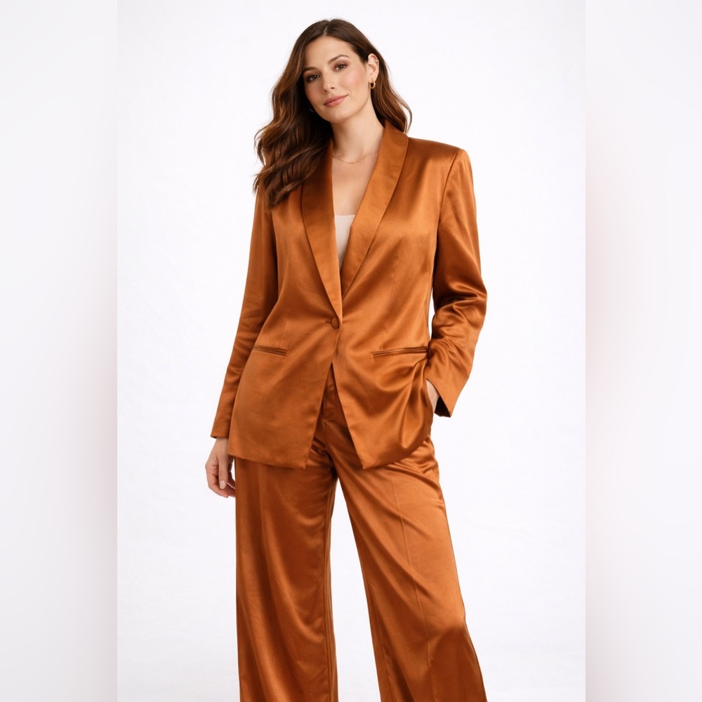 DREW Cinnamon Satin Blazer L & Wide Leg Pants M Set